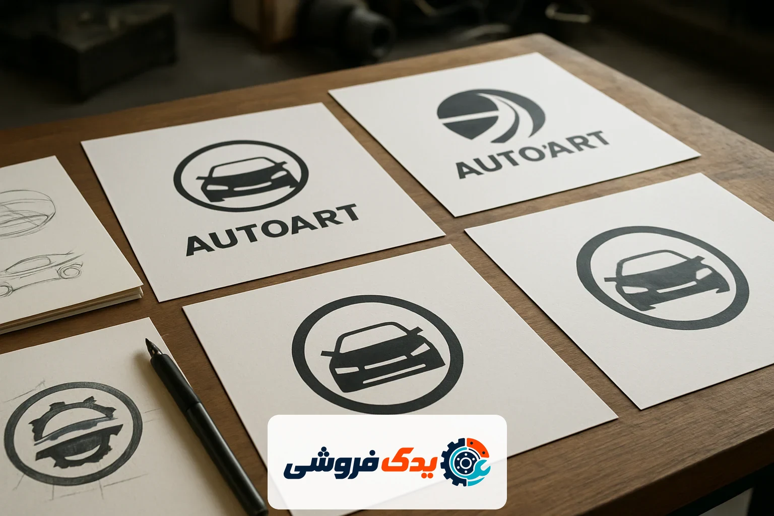 نمایش افقی انواع مختلف لوگو (نوشتاری، تصویری، ترکیبی) و ابزارهای طراحی برای الهامگیری