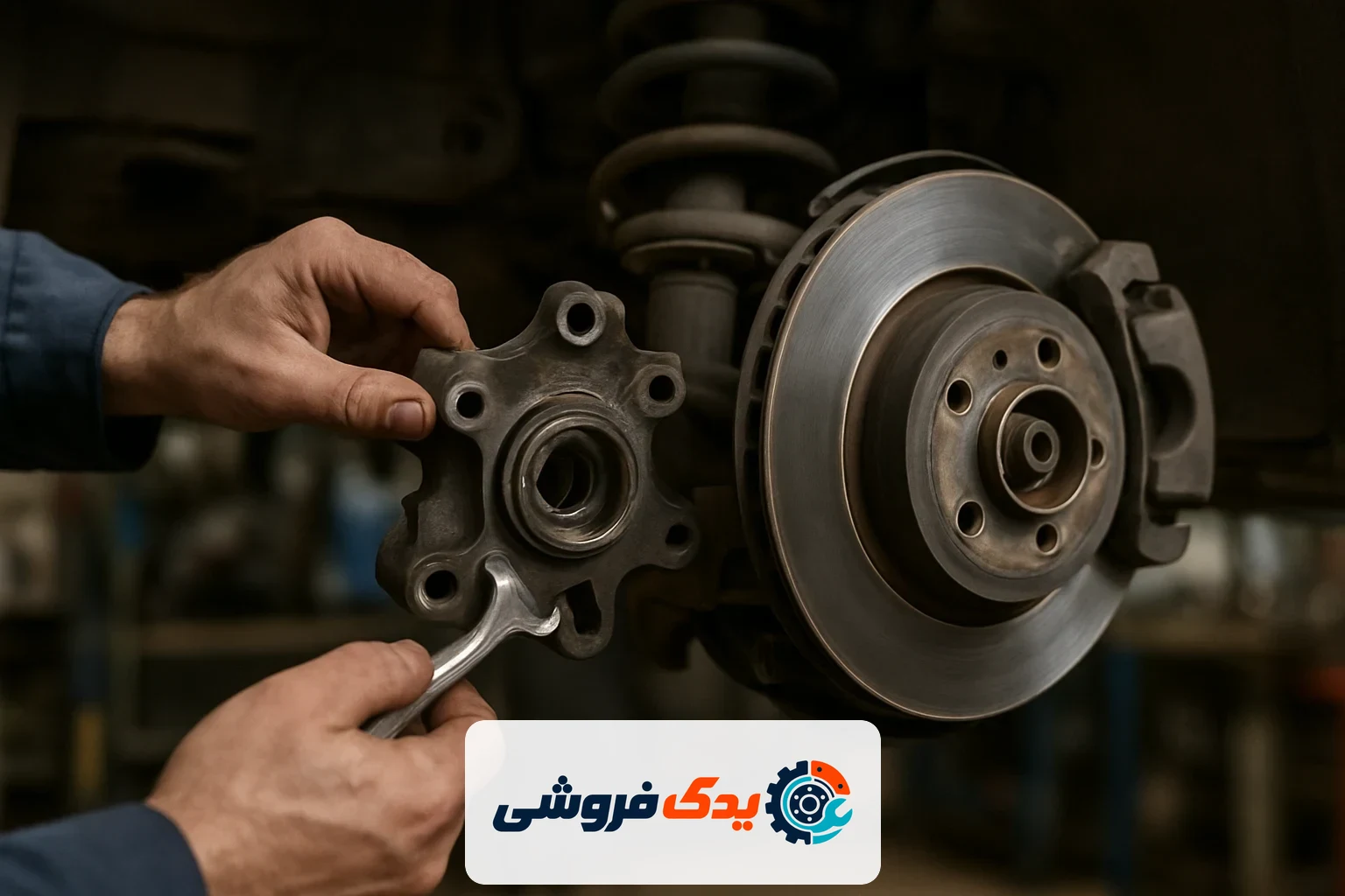 مکانیکی در حال بررسی و تعویض قطعه‌ای از خودرو، با تمرکز بر جزئیات فنی
