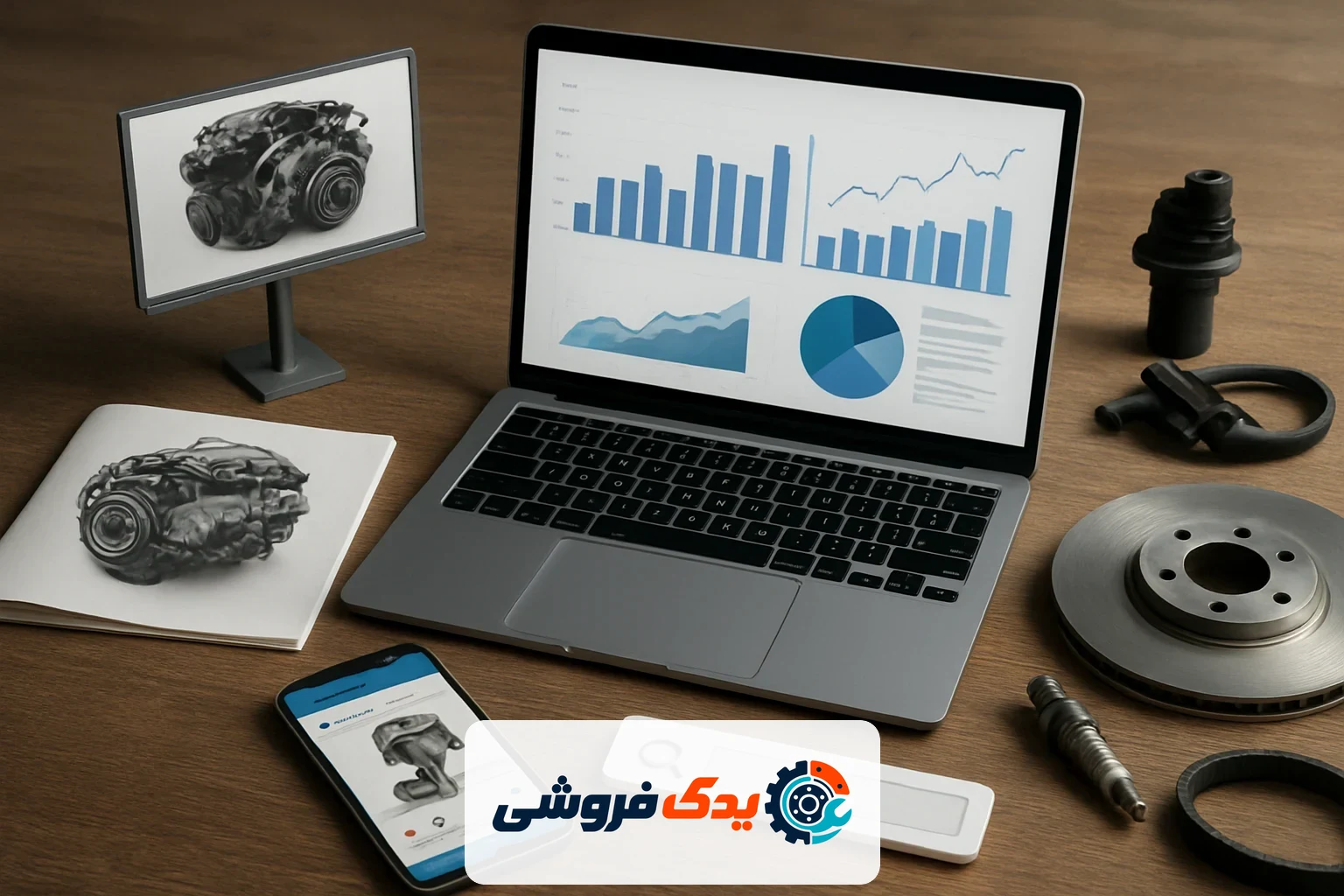 تصویری افقی که ابزارهای بازاریابی دیجیتال و سنتی را در کنار هم برای تبلیغات لوازم یدکی خودرو نشان می‌دهد