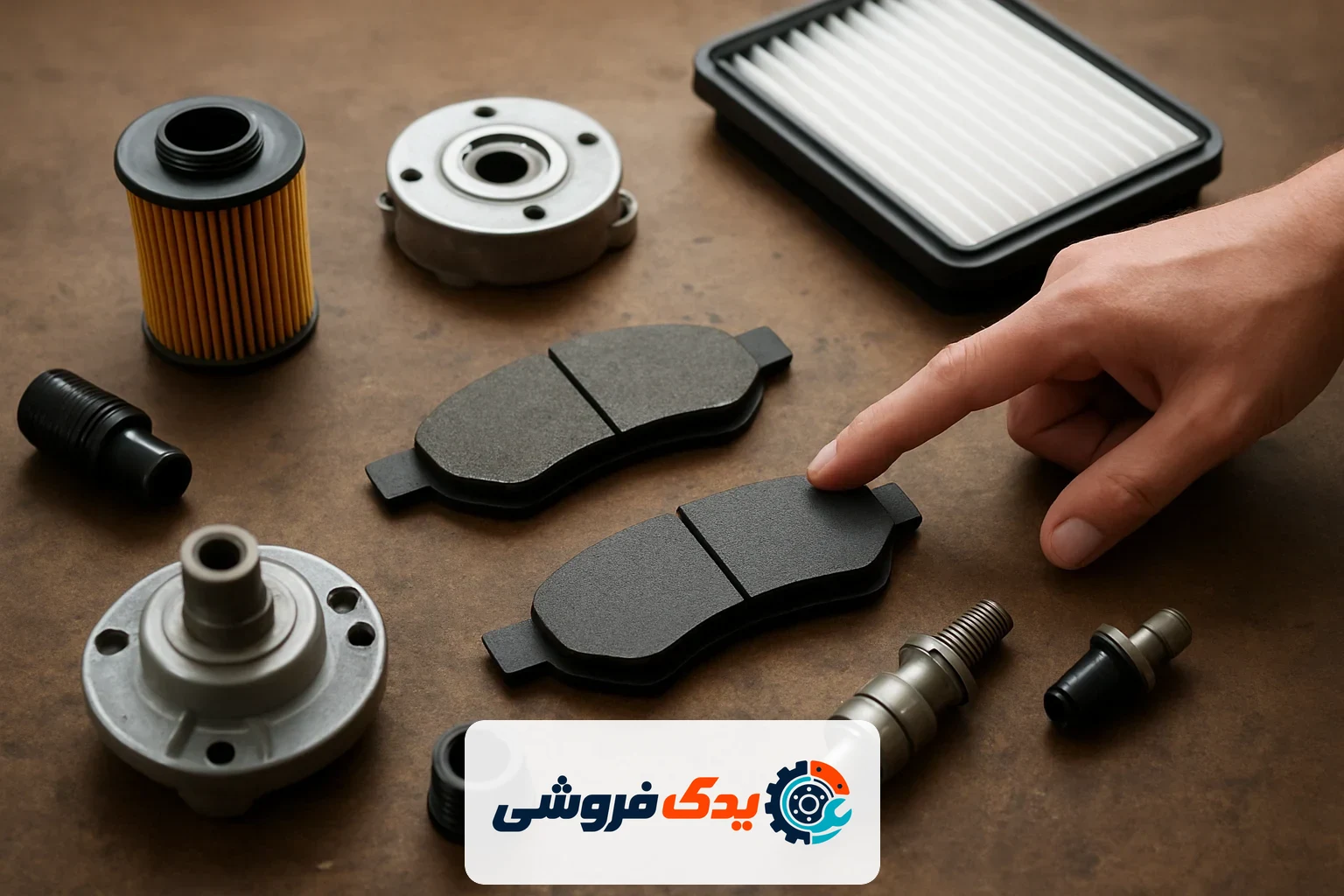 نمای نزدیک از قطعات یدکی خودرو چینی شامل لنت ترمز و فیلتر روی میز کار