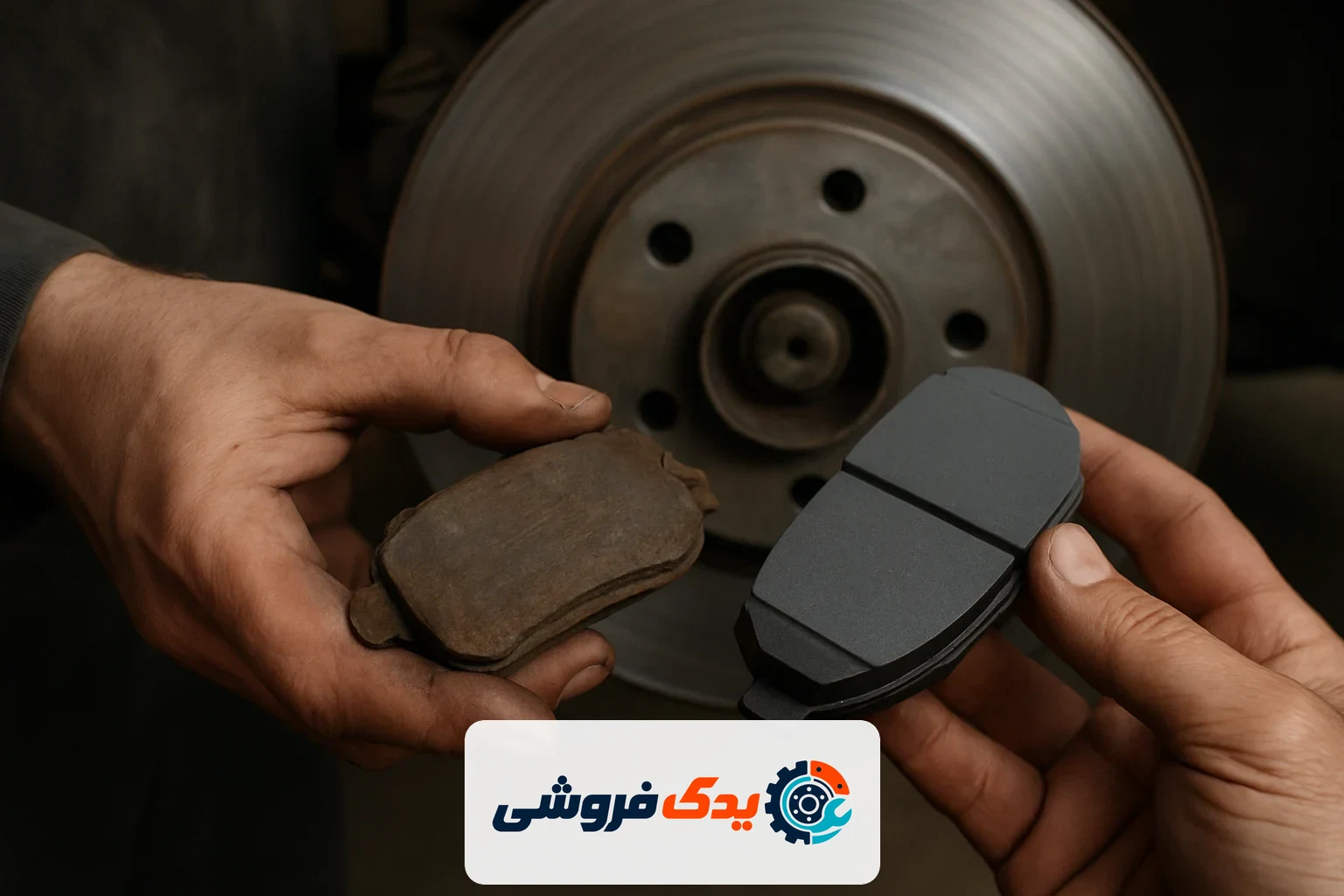 مقایسه لنت ترمز فرسوده و لنت ترمز نو در دست مکانیک هنگام بررسی سیستم ترمز