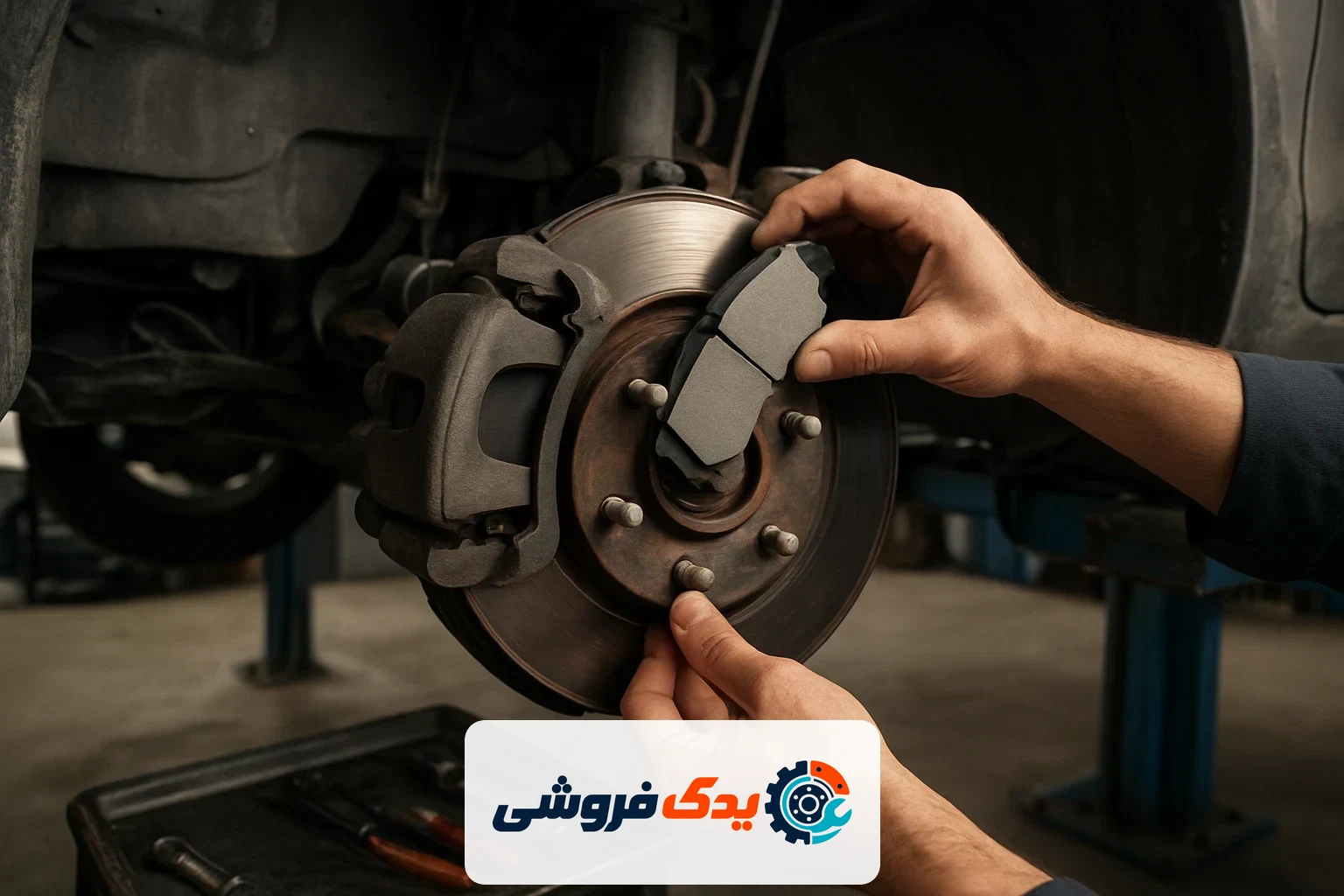 مکانیکی که در حال نصب لنت ترمز جدید روی خودروی کوییک است
