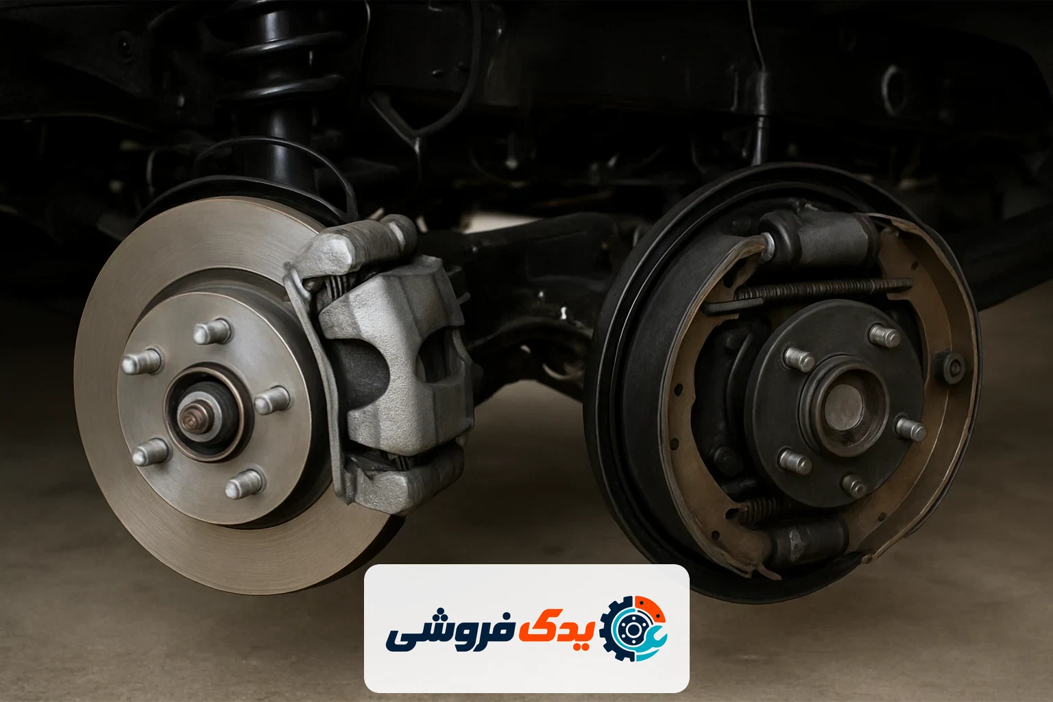 نمایش تفاوت سیستم ترمز دیسکی جلو و کاسهای عقب در خودروی پراید