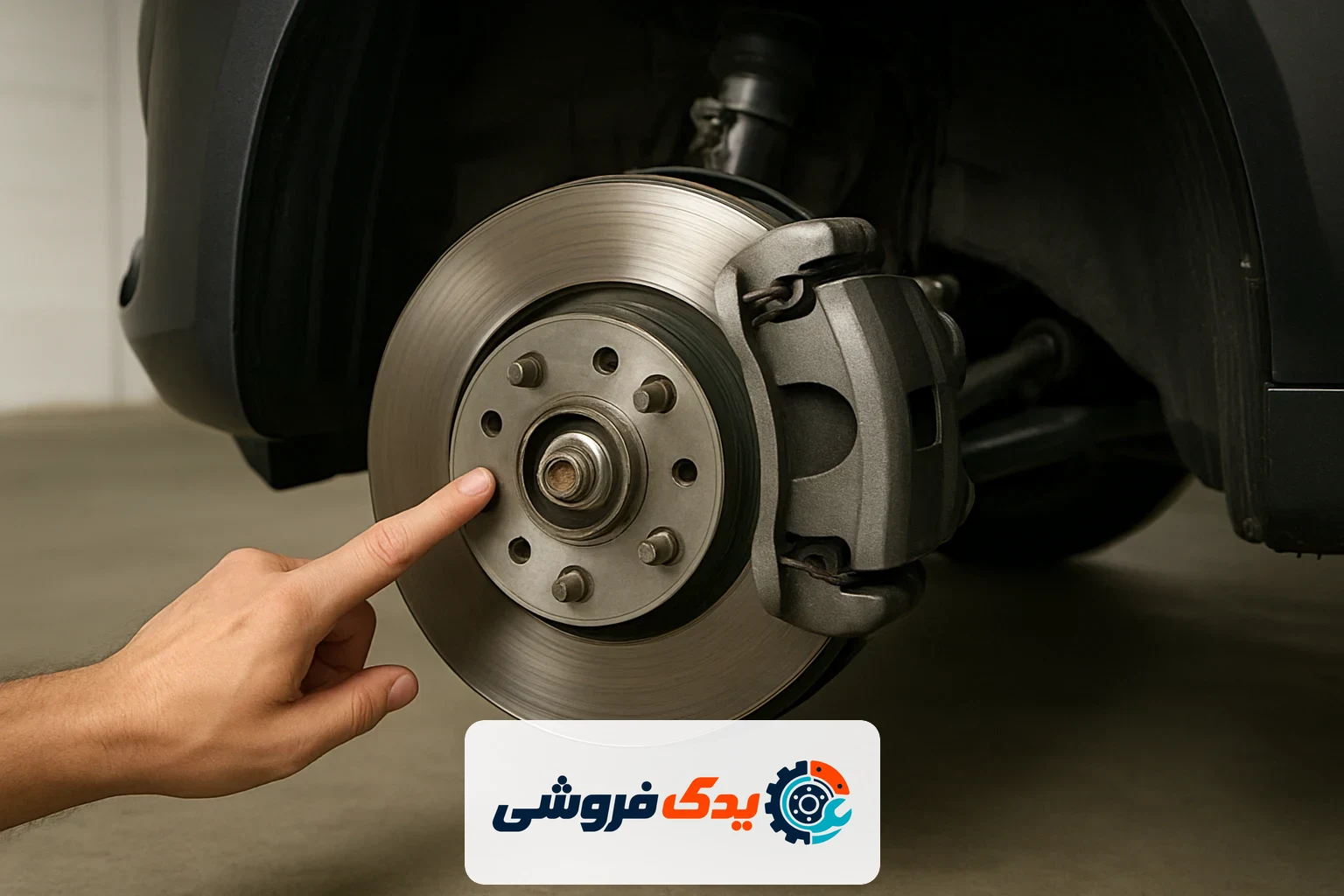 نمای نزدیک سیستم ترمز جلو تیبا با اشاره به لنت ترمز