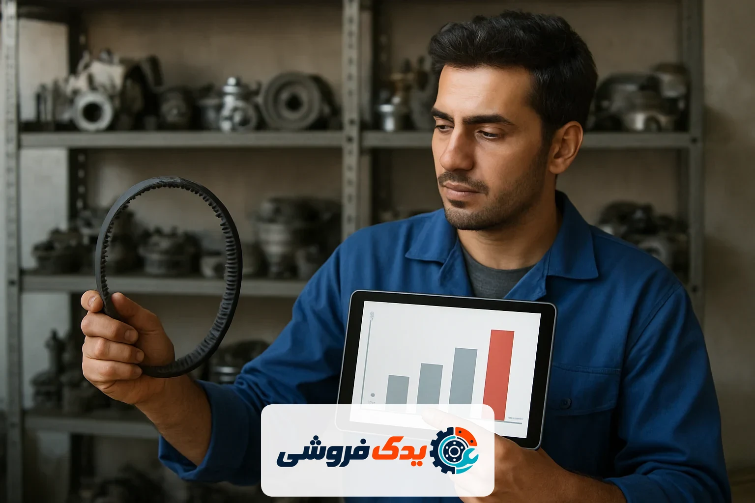مکانیکی که در حال مقایسه قیمت لوازم یدکی خودرو در سال 1405 روی تبلت است، با قطعات خودرو در پسزمینه.