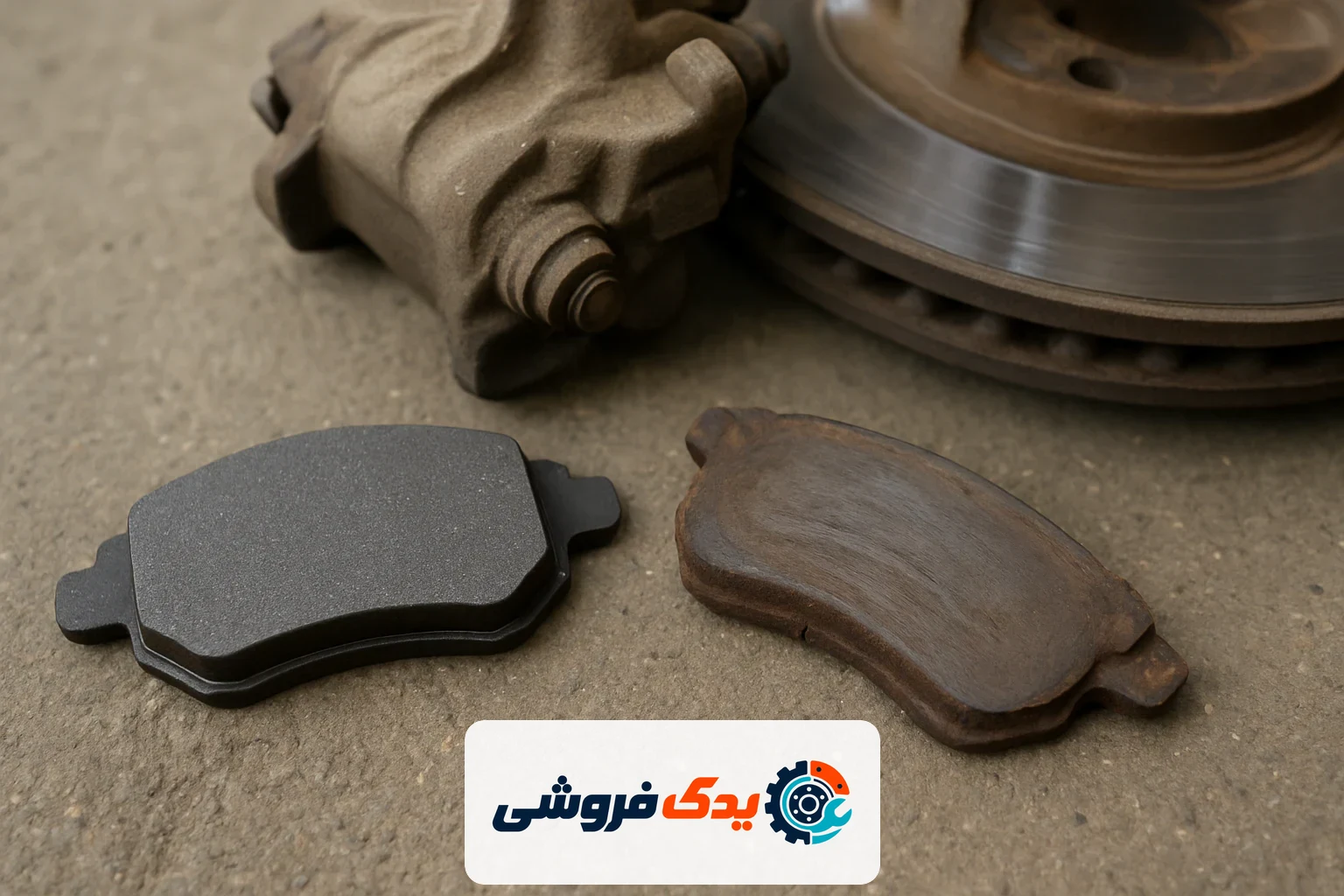 تصویر افقی مقایسه لنت ترمز نو و فرسوده کنار کالیپر و دیسک ترمز