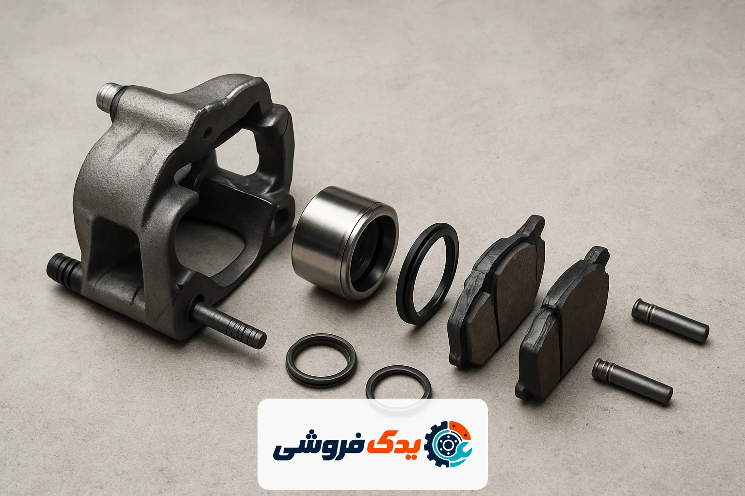 نمودار اجزای داخلی کالیپر ترمز شناور با نمایش پیستون، لنت‌ها و پین‌های راهنما