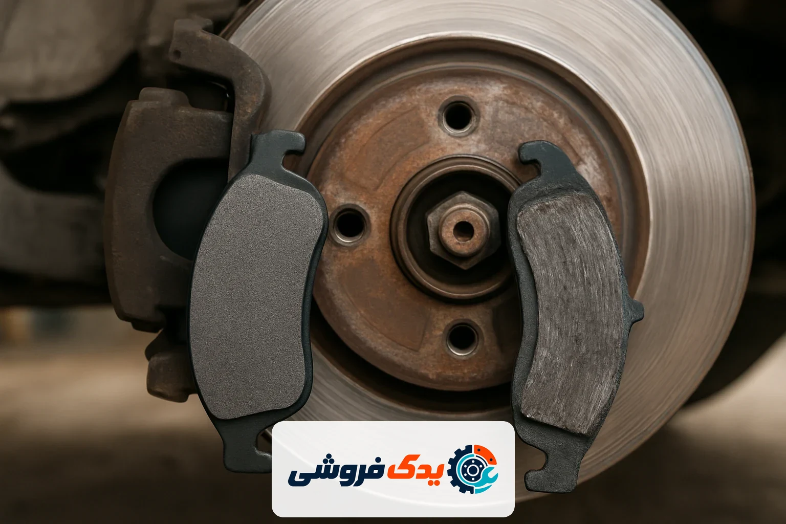 نمای نزدیک افقی از لنت ترمز فرسوده و جدید در کنار دیسک ترمز
