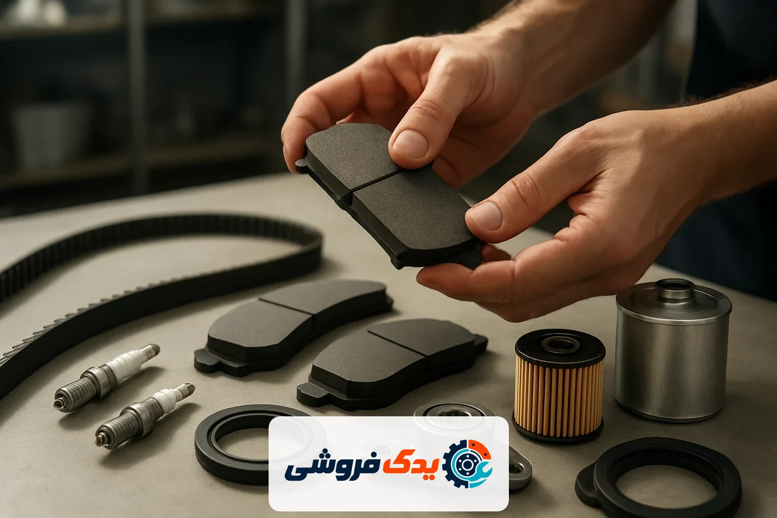مجموعهای از لوازم یدکی خودروهای چینی مانند لنت ترمز و فیلتر روغن در حال بررسی توسط متخصص