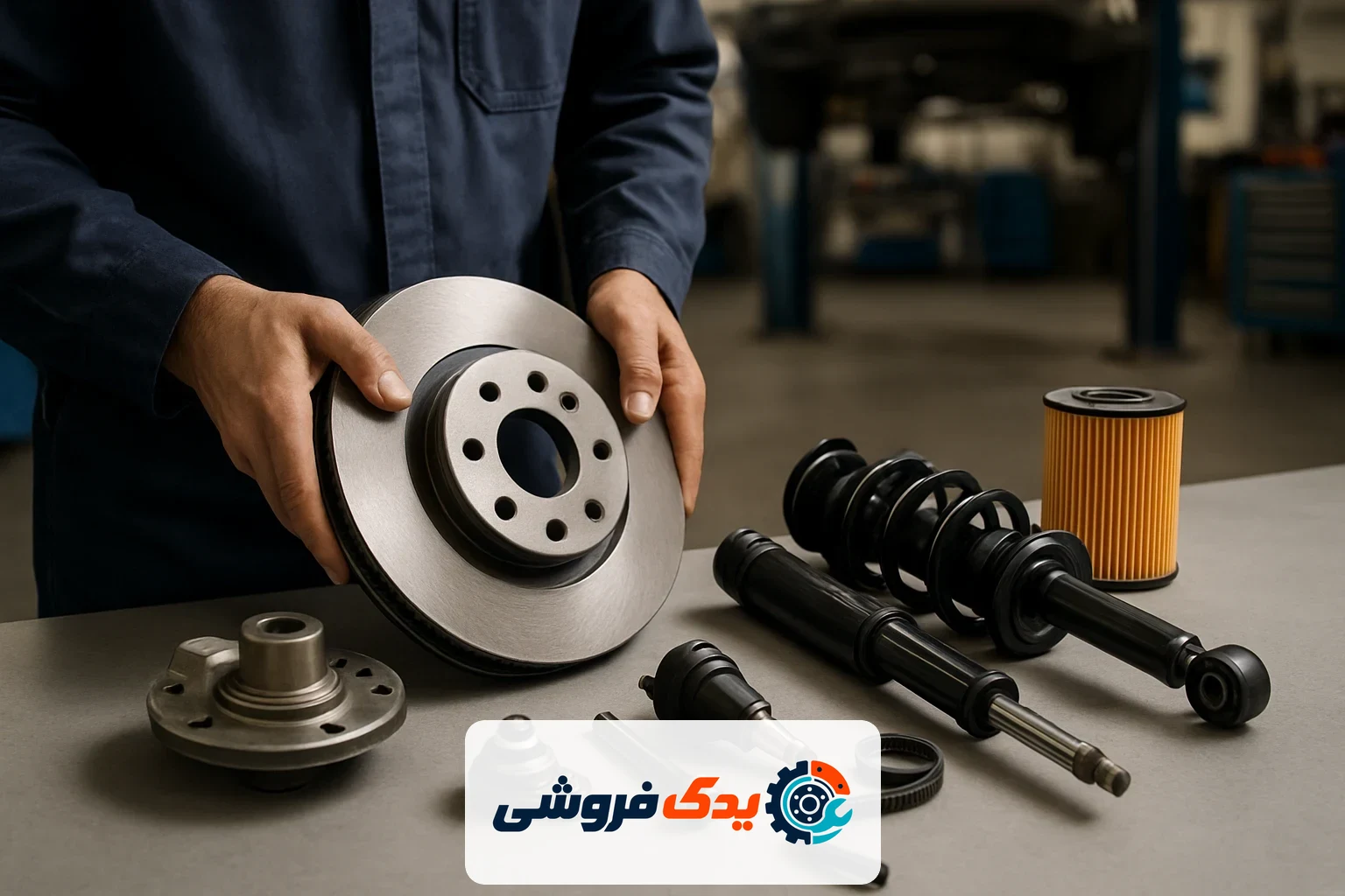 تصویری افقی از دستهای یک مکانیک که در حال بررسی و انتخاب لوازم یدکی مختلف روی میز کار است، با تاکید بر دیسک ترمز و کمکفنر