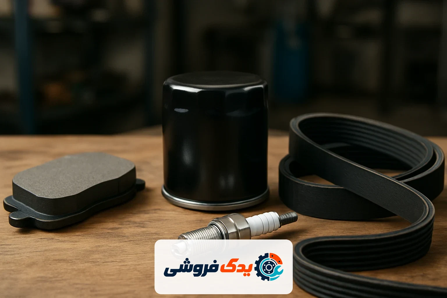 نمایی نزدیک از لوازم یدکی مختلف خودروهای چینی مانند لنت ترمز، فیلتر روغن، شمع موتور و تسمه دینام روی میز کار، نشاندهنده کیفیت و اصالت قطعات