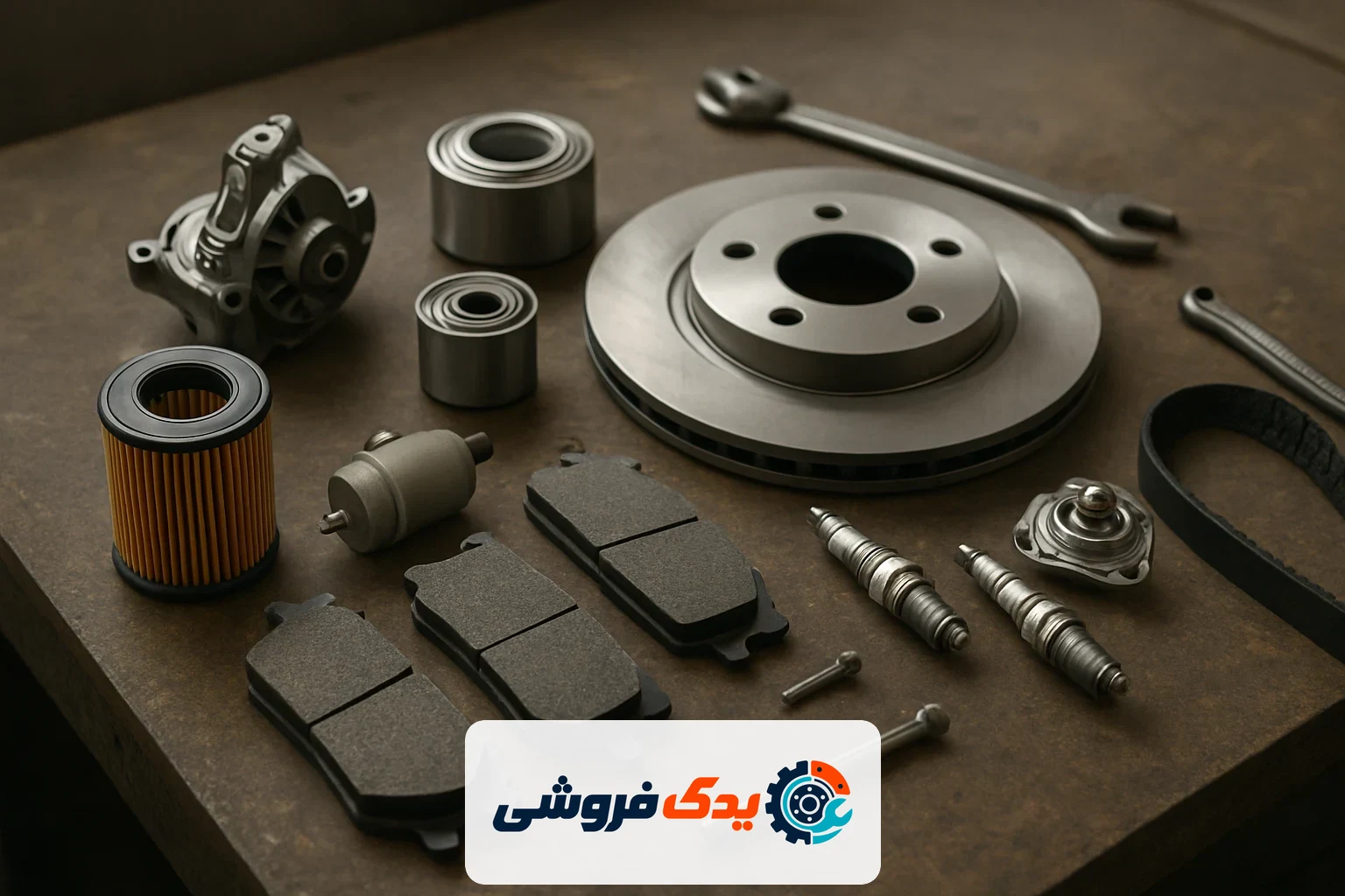 نمایی از انواع لوازم یدکی خودرو شامل لنت ترمز و فیلترها روی میز کارگاه