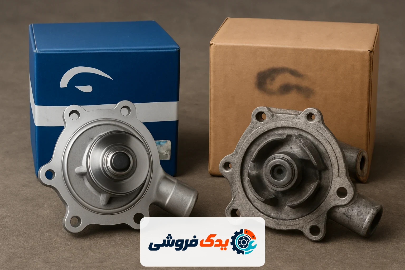 مقایسه بصری یک قطعه یدکی اصلی و یک قطعه تقلبی، با تأکید بر تفاوت بستهبندی و کیفیت