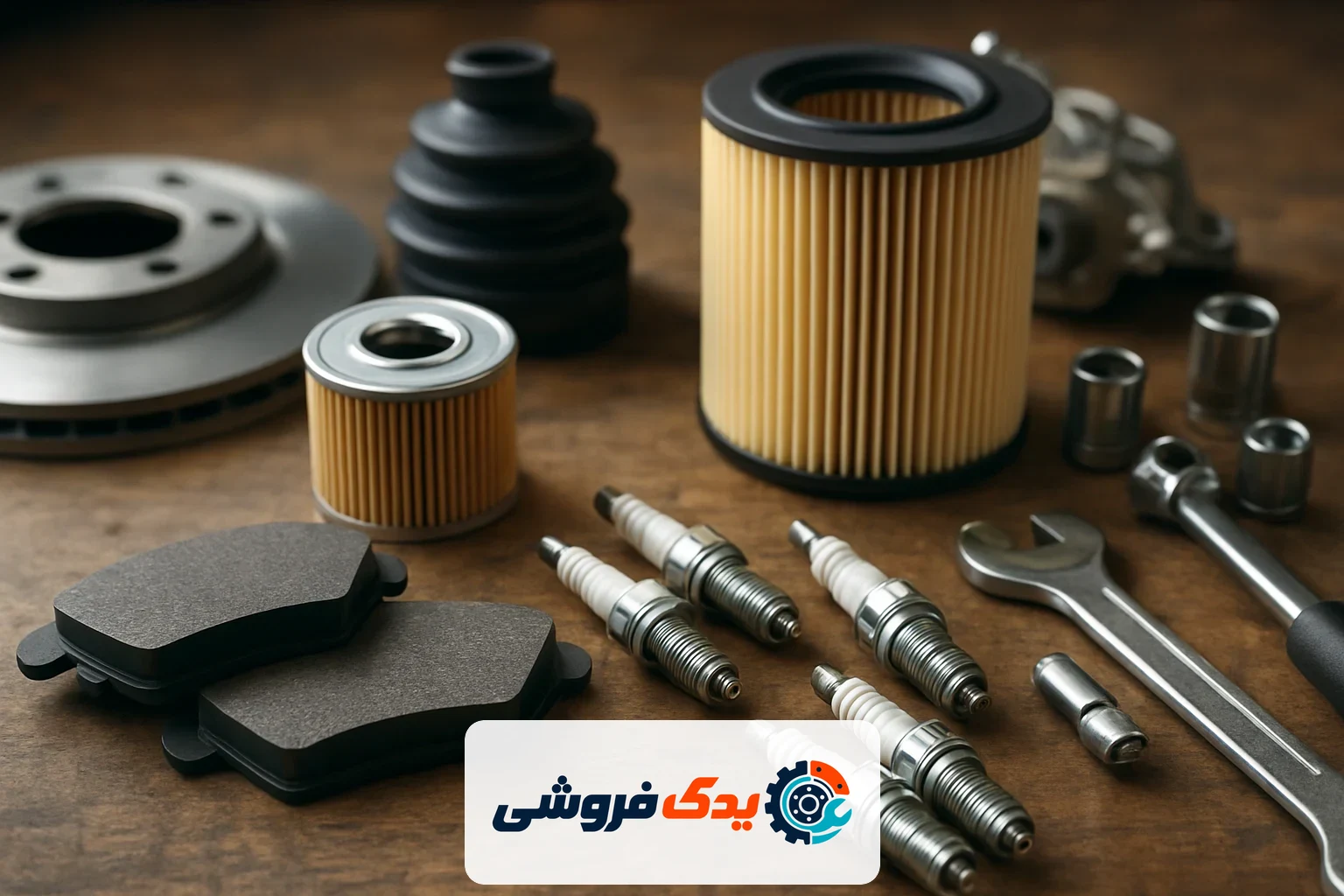 نمایی نزدیک از قطعات یدکی مختلف خودرو مانند لنت ترمز، فیلتر و شمع موتور روی میز کار مکانیک، آماده برای نصب.