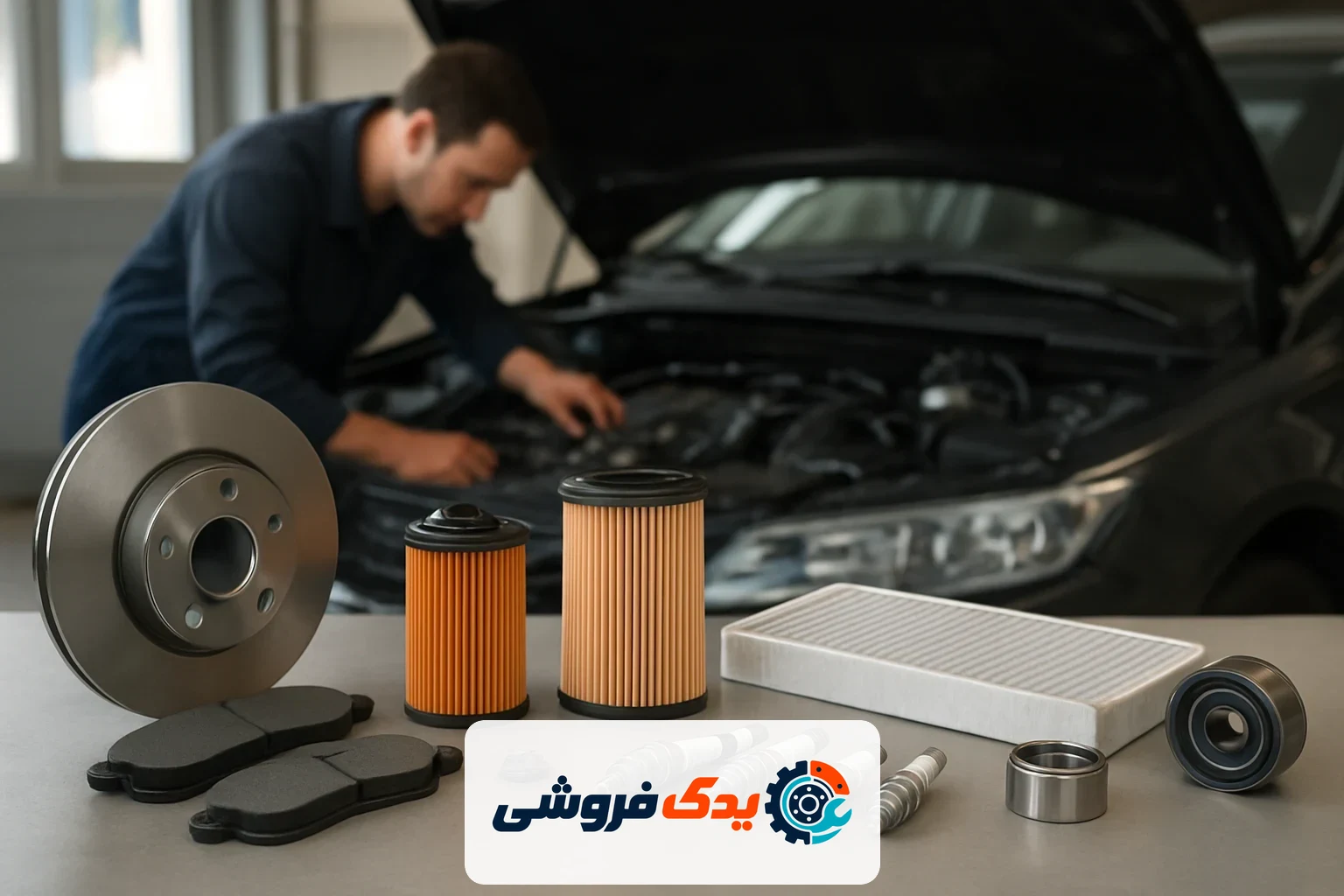 مجموعه‌ای از لوازم یدکی خودرو روی میز کار مکانیک