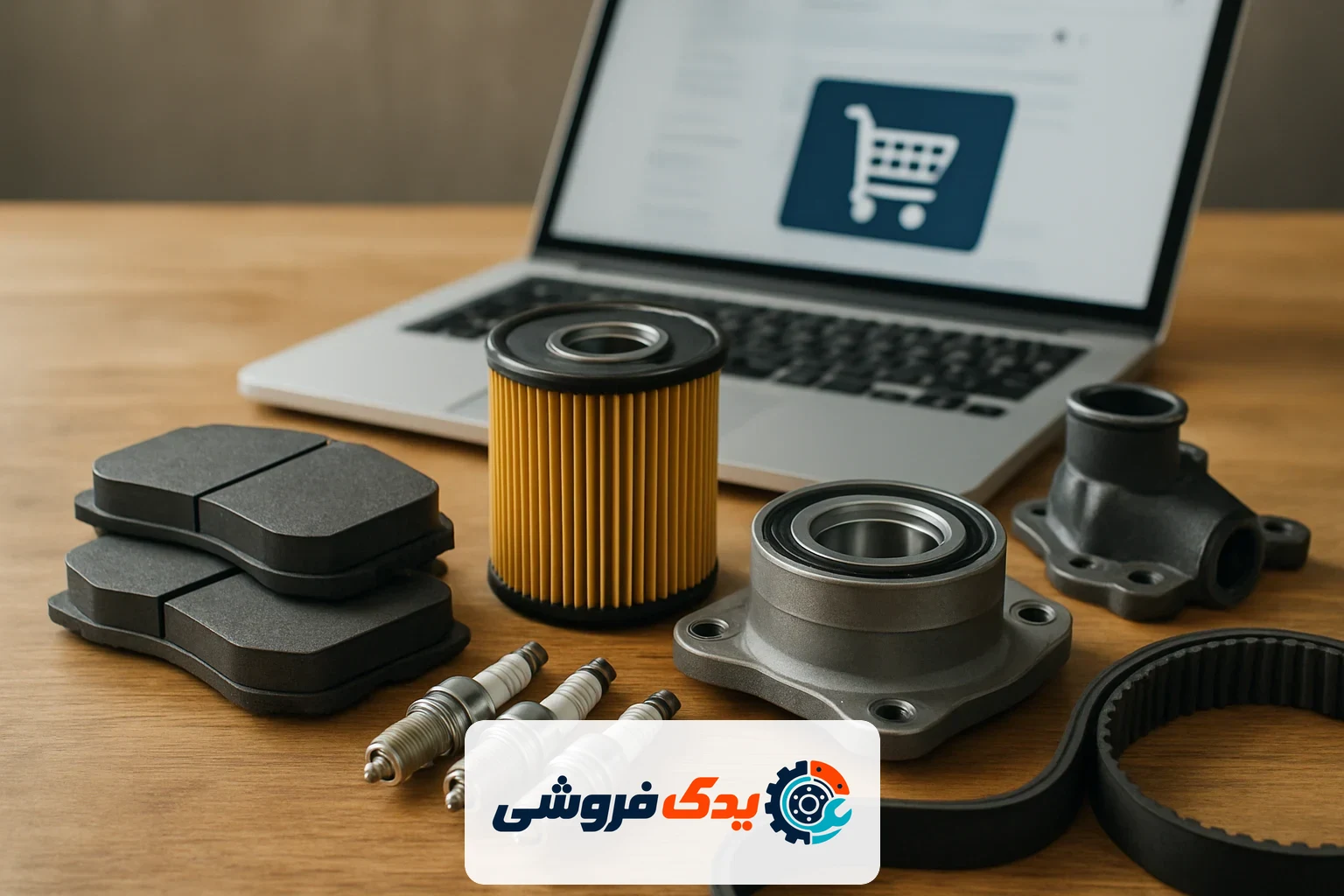 نمایی از لوازم یدکی خودروی اصلی و باکیفیت در کنار لپتاپ، نشاندهنده خرید آنلاین مطمئن