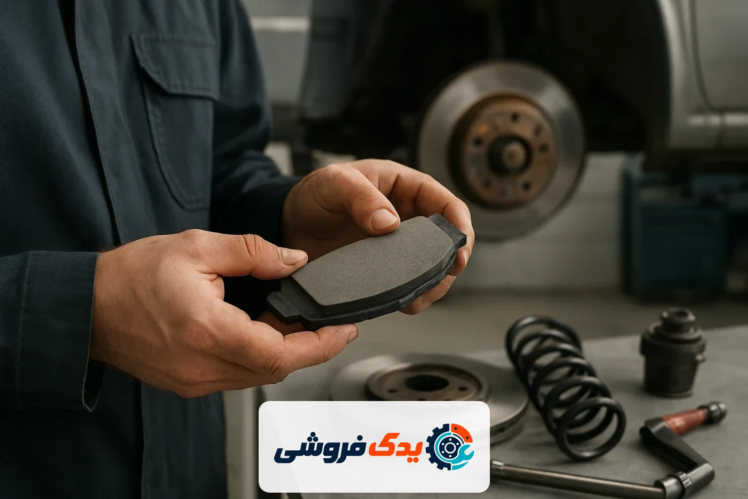 تصویر نزدیک از دستهای یک مکانیک که در حال بررسی دقیق یک قطعه یدکی خودرو برای تشخیص اصالت آن است
