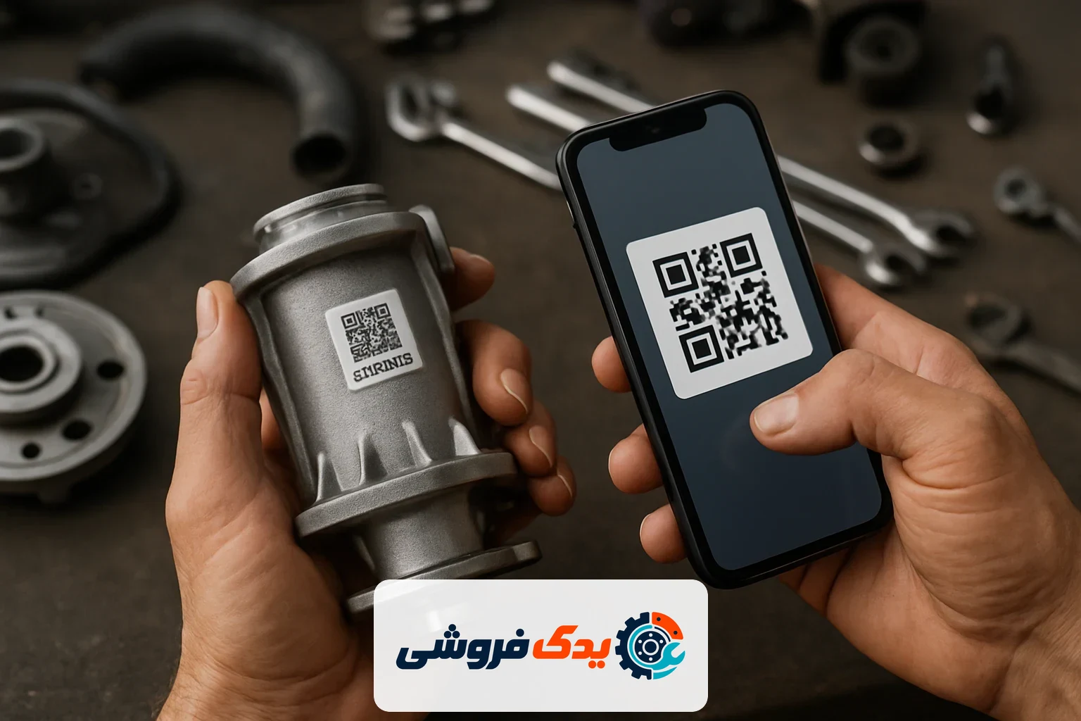 مکانیکی در حال بررسی اصالت قطعه یدکی خودرو با استفاده از گوشی هوشمند و اسکن کد QR برای تضمین کیفیت