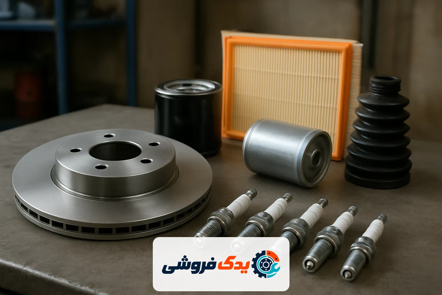 مجموعهای از لوازم یدکی نو و باکیفیت خودرو شامل دیسک ترمز، فیلتر و شمع روی میز کار مکانیکی