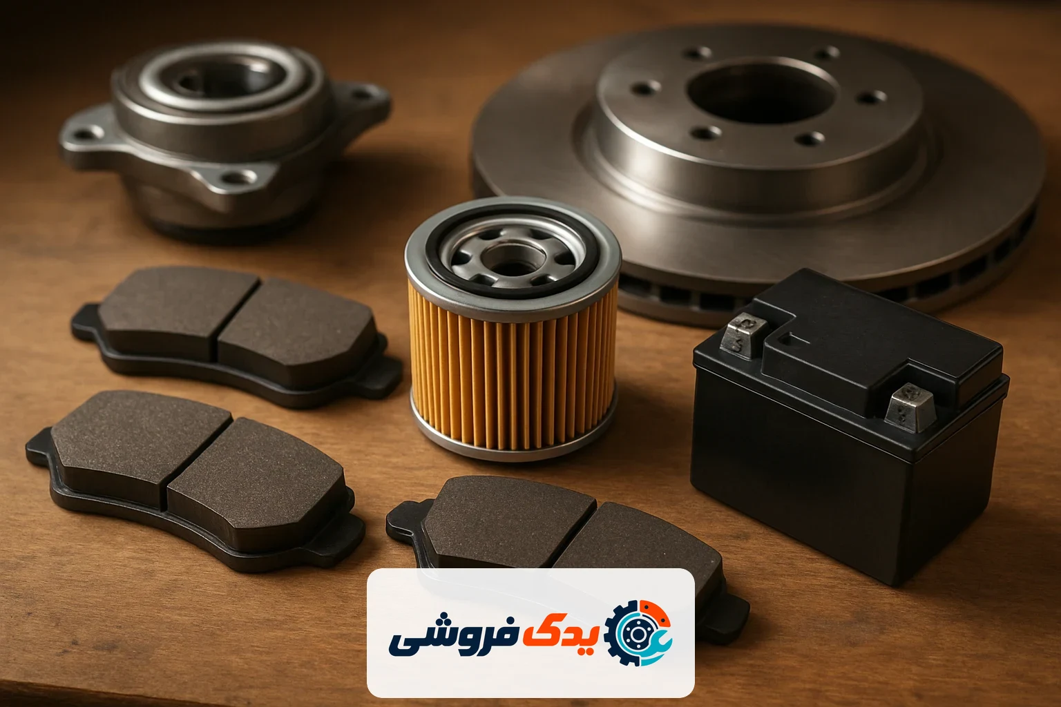 مجموعهای از لوازم یدکی اصلی خودرو مانند لنت ترمز و فیلتر روغن روی میز کار، نمادی از کیفیت و اصالت قطعات