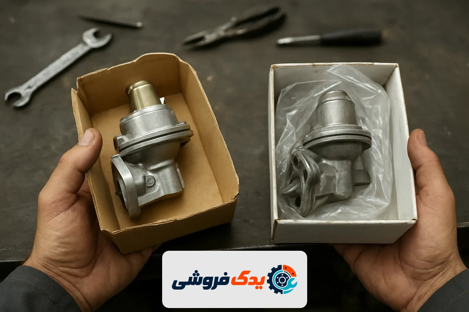 مقایسه قطعه یدکی اصلی و تقلبی خودرو در دست یک مکانیک