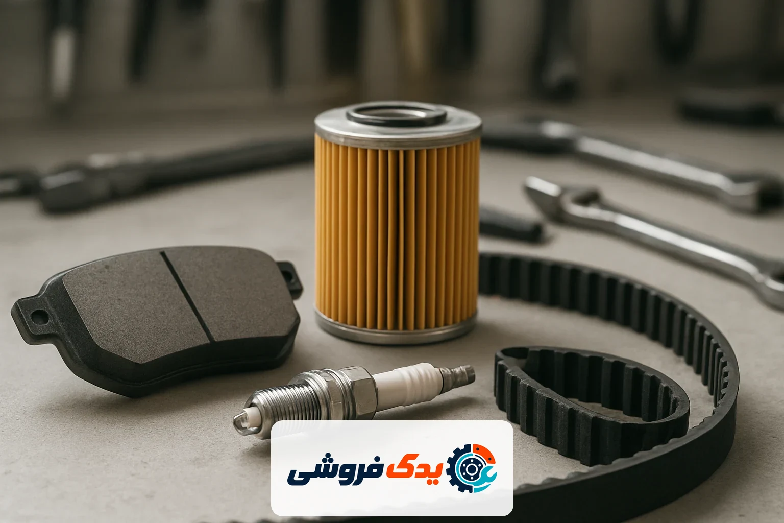 مجموعه‌ای از لوازم یدکی خودرو از جمله لنت ترمز، فیلتر روغن، شمع و تسمه تایم روی میز کار تعمیرکار، آماده برای نصب و تضمین عملکرد بهینه خودرو