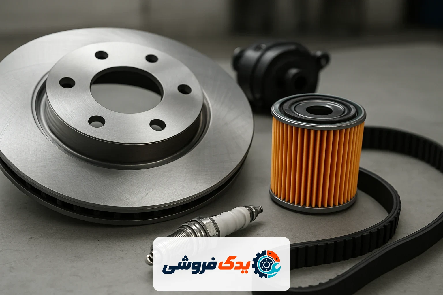مجموعهای از لوازم یدکی خودروی نو و با کیفیت روی میز کارگاه