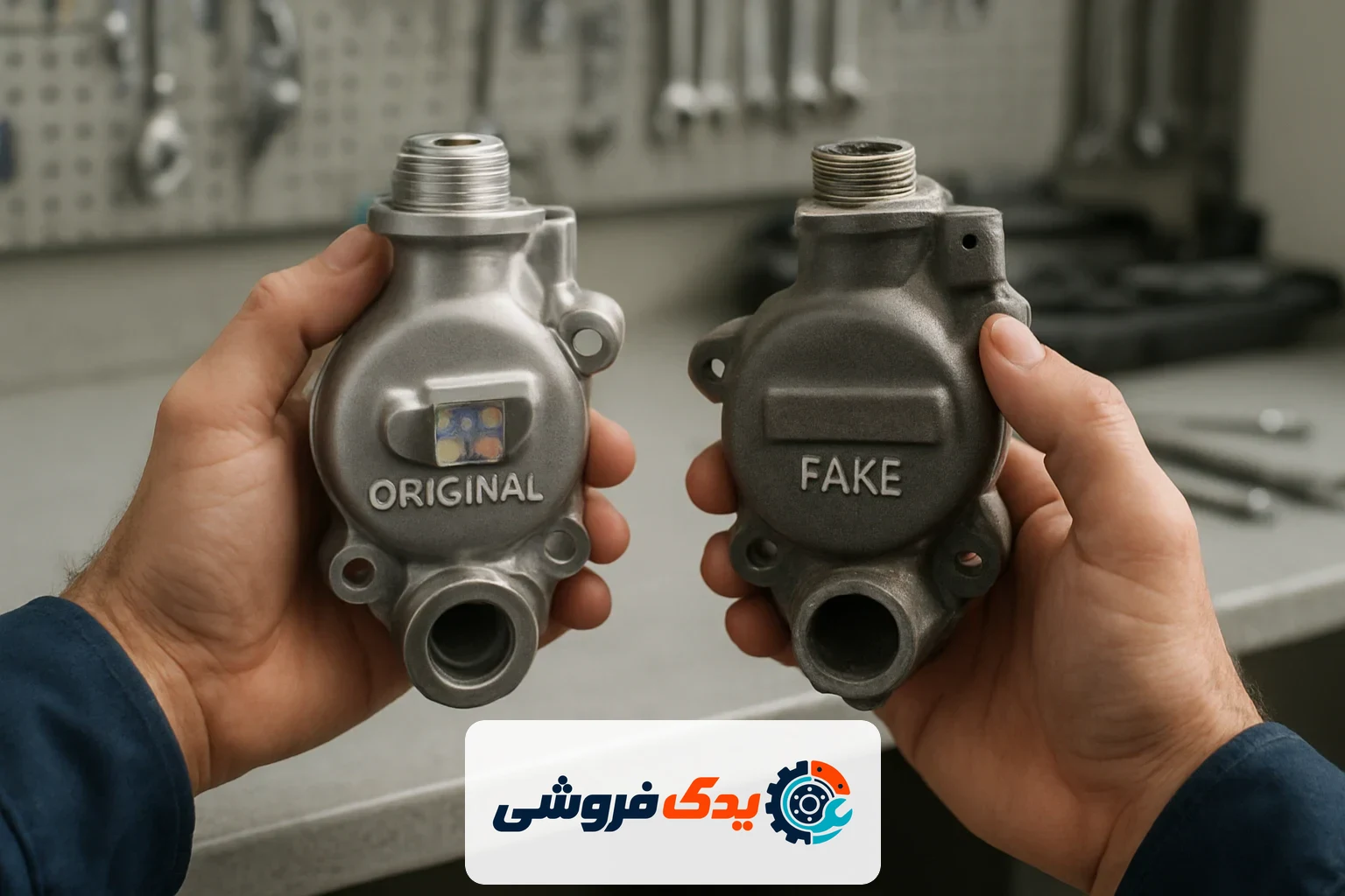 تصویر آموزشی مقایسه قطعه یدکی اصلی و تقلبی توسط مکانیک