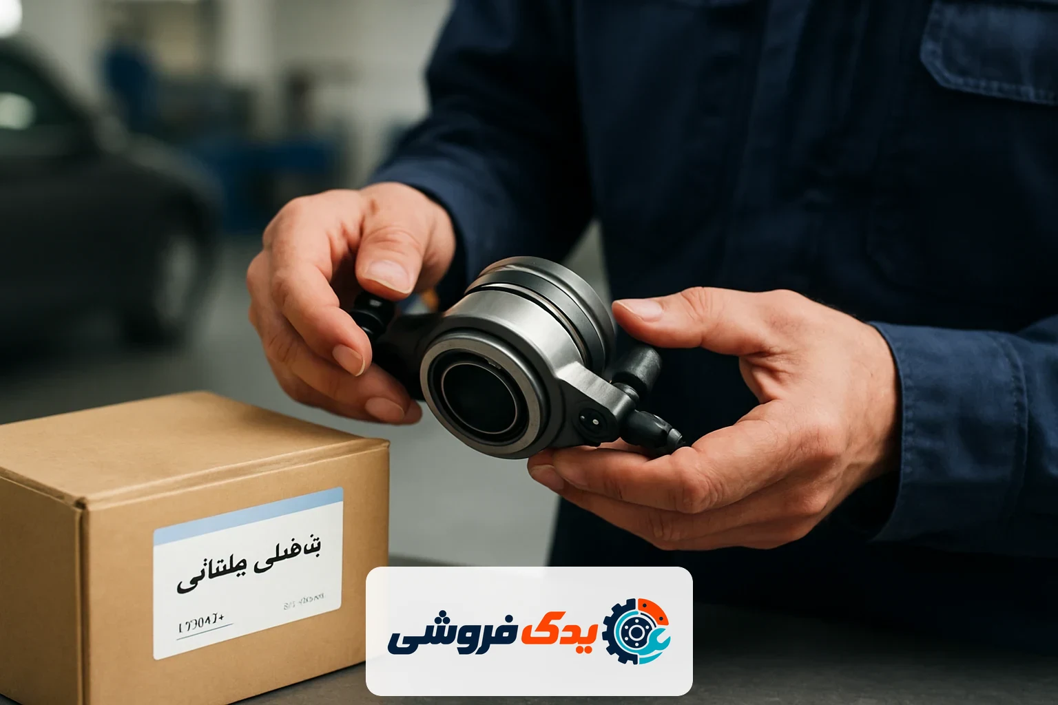 دستهای مکانیک در حال بررسی دقیق یک قطعه یدکی خودرو با بستهبندی عربی در تعمیرگاه