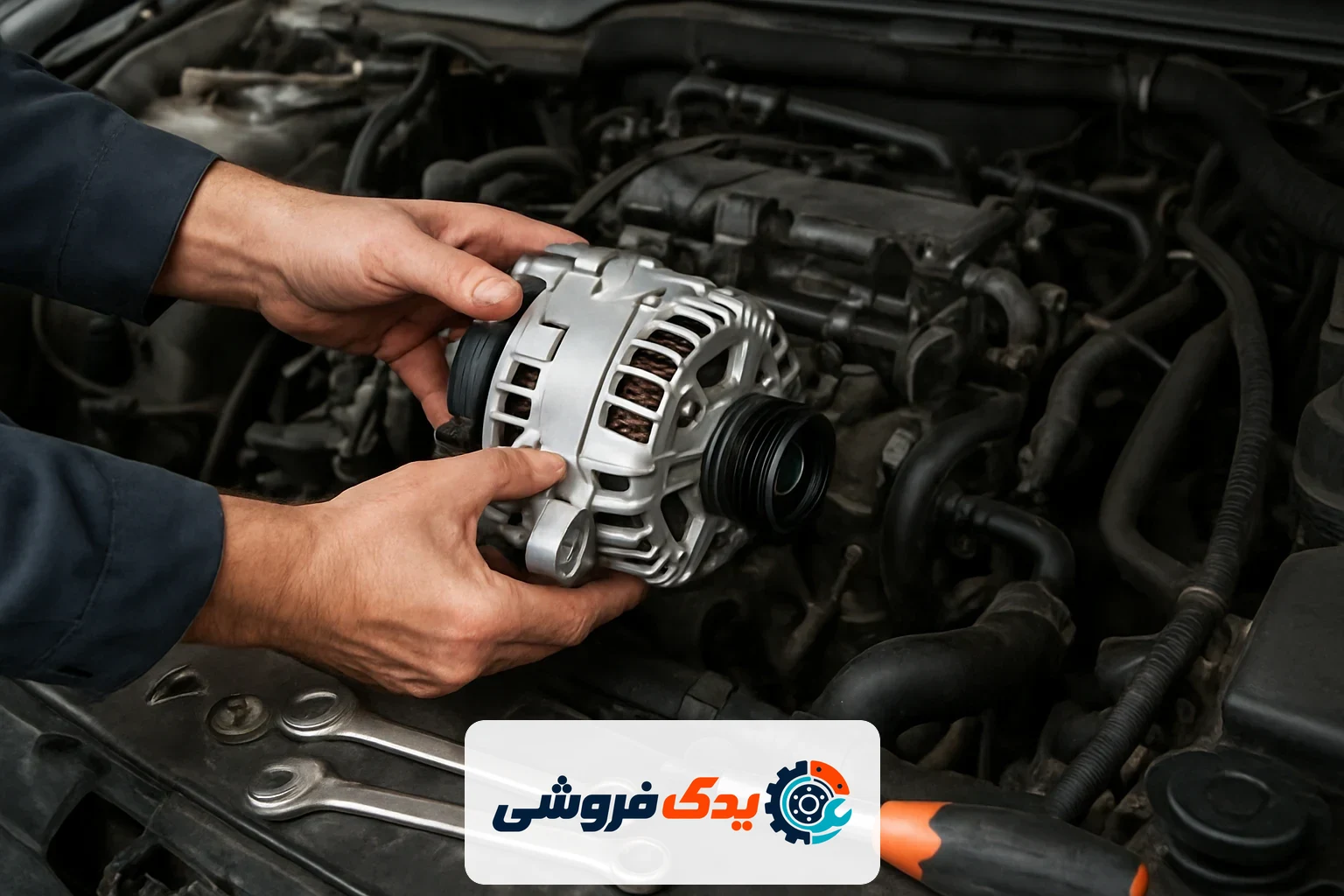مکانیکی که با دقت در حال نصب قطعه یدکی اصلی بهمن خودرو در موتور است، نشاندهنده تخصص و کیفیت قطعه.