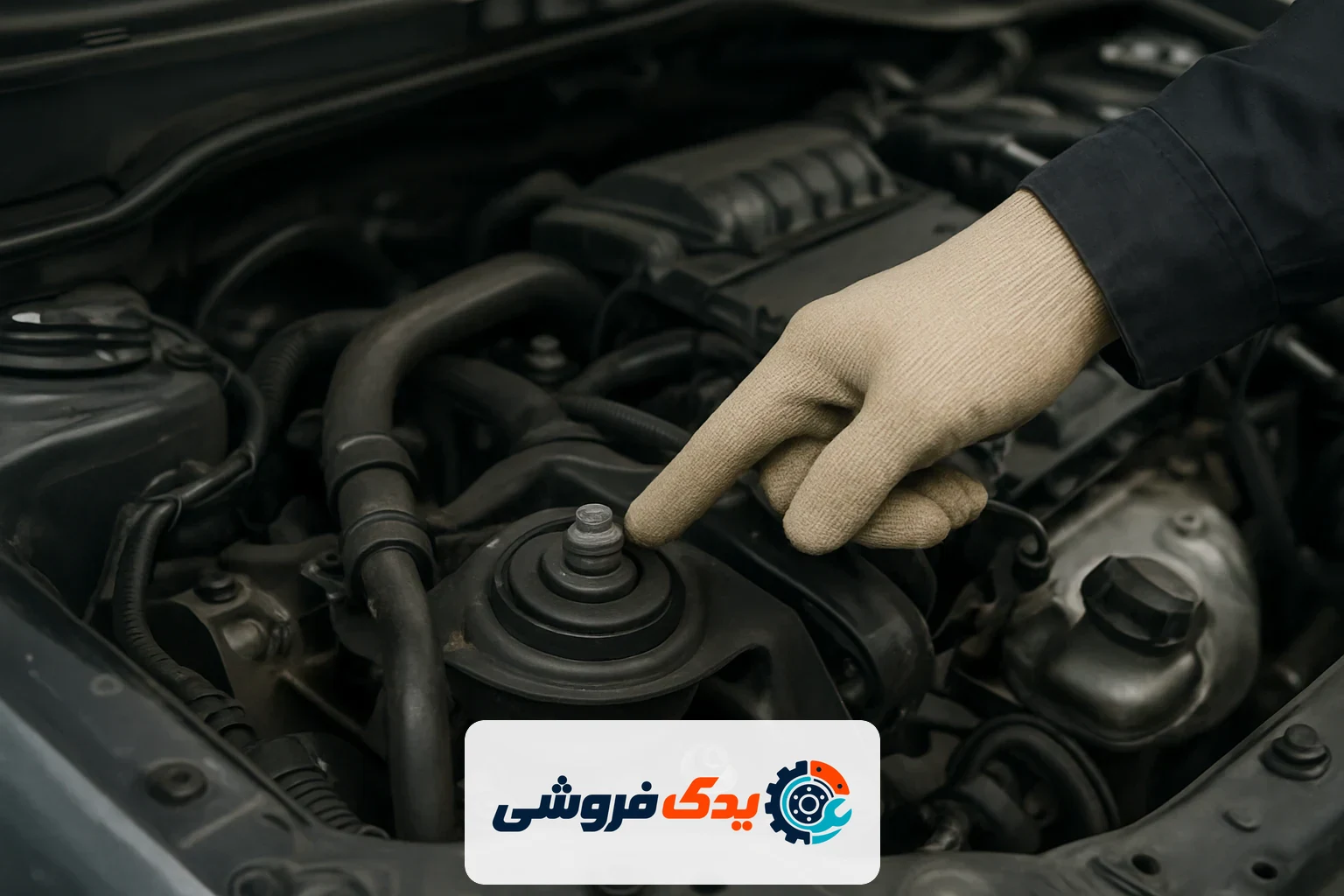 تعمیرکار متخصص در حال نشان دادن قطعه مهم موتور خودرو