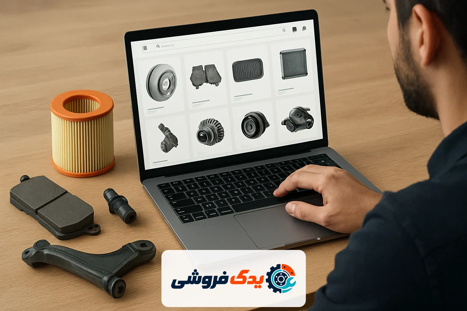 شخصی در حال خرید لوازم یدکی خودرو از فروشگاه آنلاین روی لپ‌تاپ