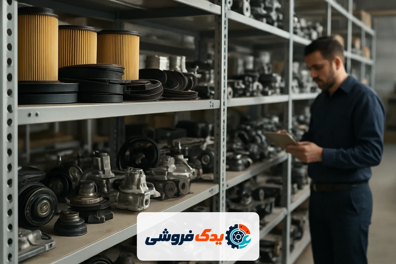 قفسه‌های مرتب و پر از انواع لوازم یدکی خودرو در یک انبار برای مدیریت موجودی