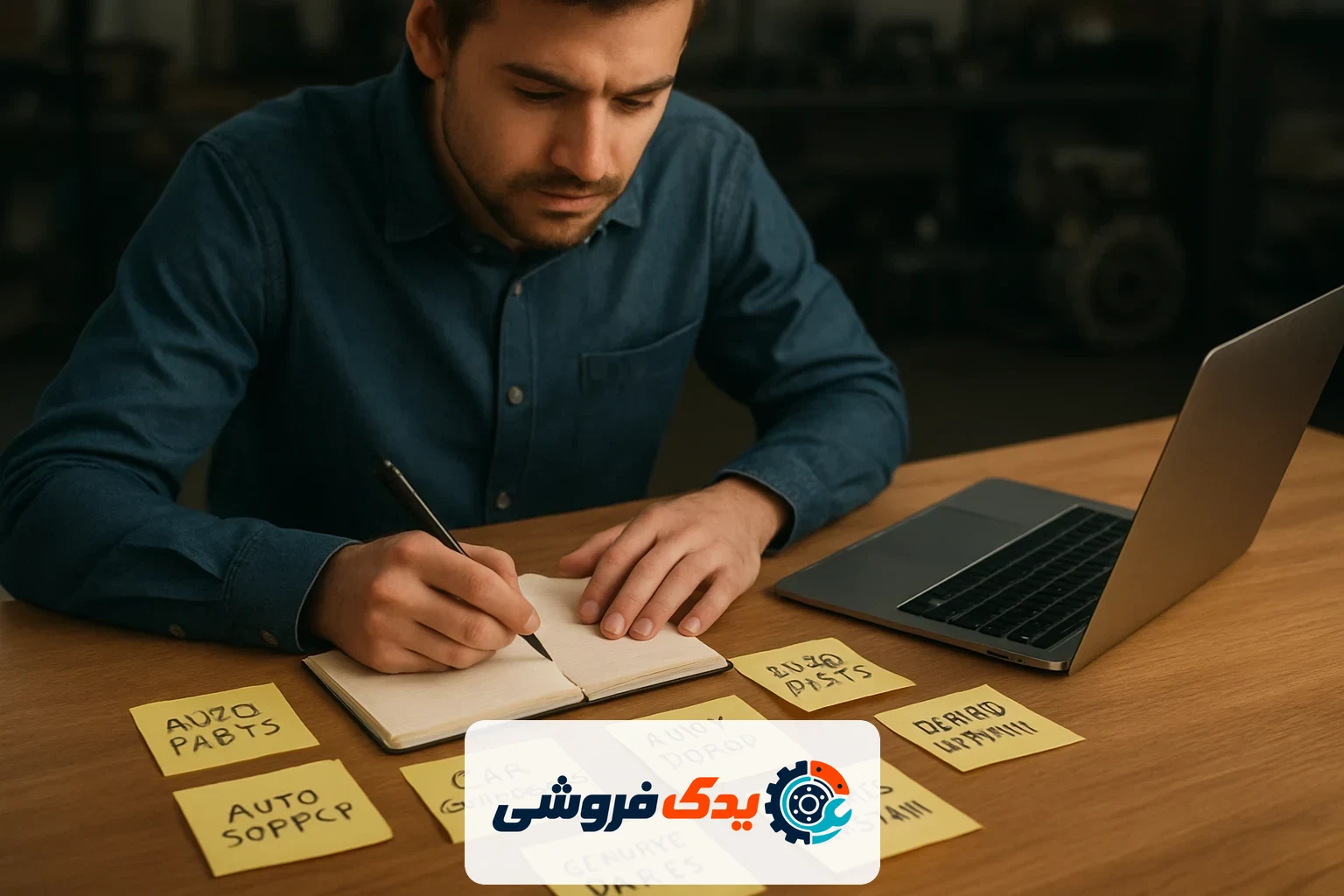 شخصی در حال طوفان فکری برای انتخاب اسم برای مغازه لوازم یدکی خودرو با دفترچه و لپتاپ